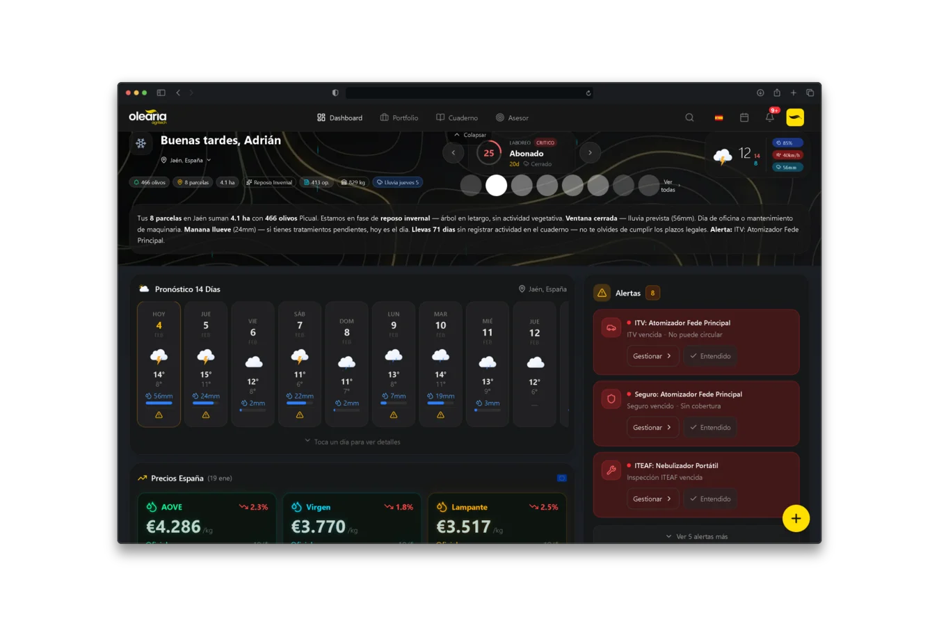 Main dashboard with weather, alerts and prices