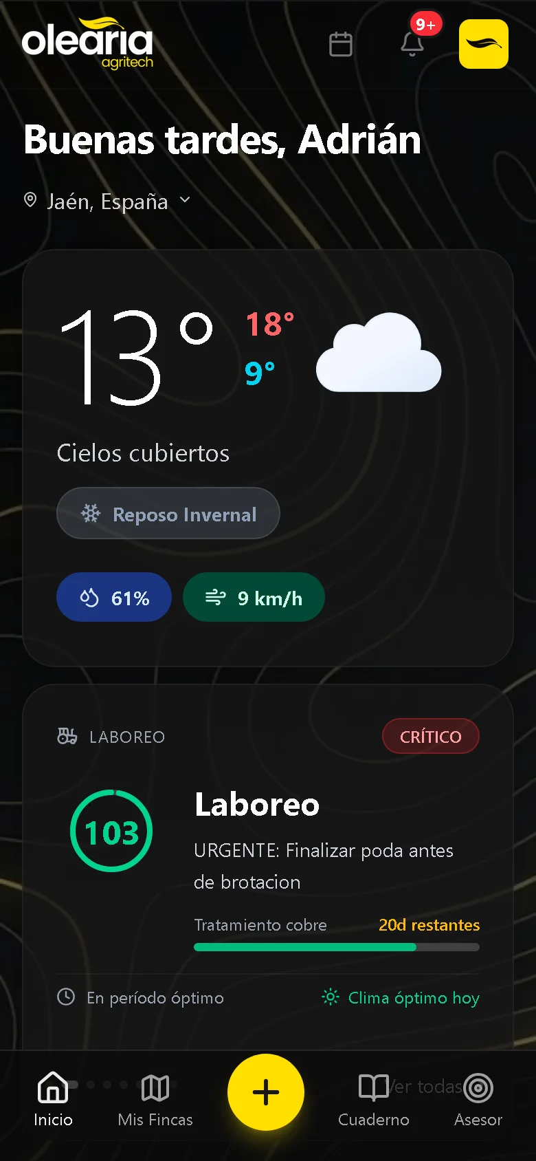 Dashboard con meteorología, alertas agronómicas y recomendaciones en tiempo real