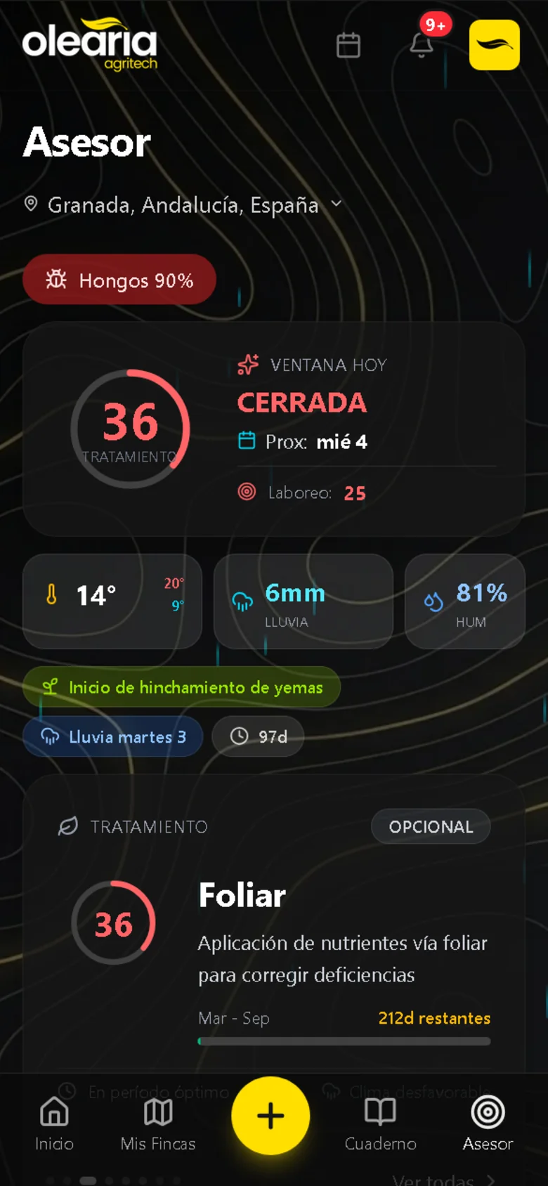Asesor agronómico con ventana de tratamiento y alerta de hongos
