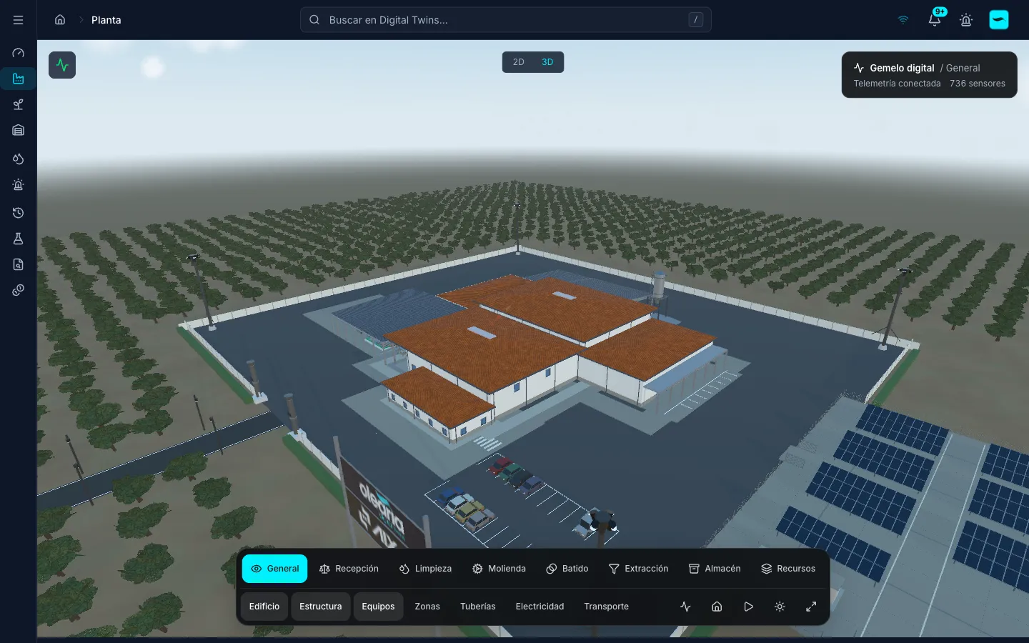 Gemelo digital 3D de una almazara entre olivares, con la nave, el aparcamiento y el parque solar