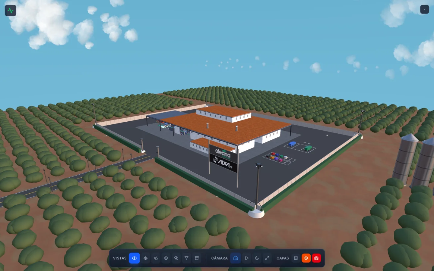 Modelo 3D de almazara con olivares — gemelo digital navegable