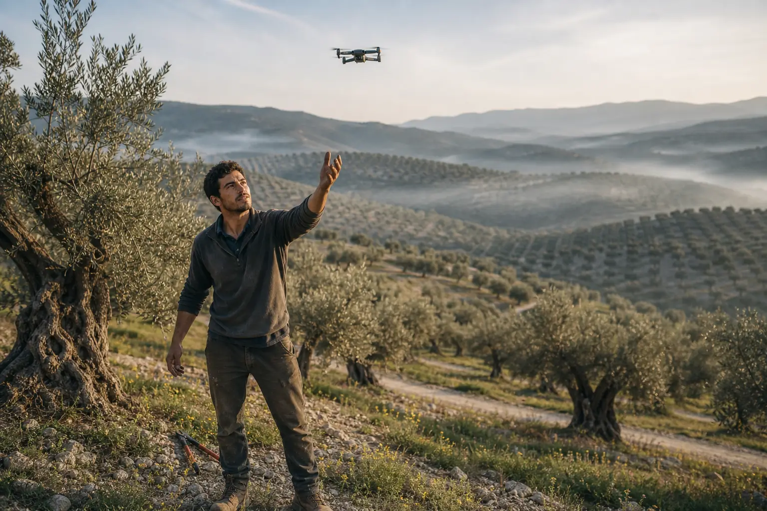 Agricultor lanzando un dron sobre un olivar de ladera al amanecer