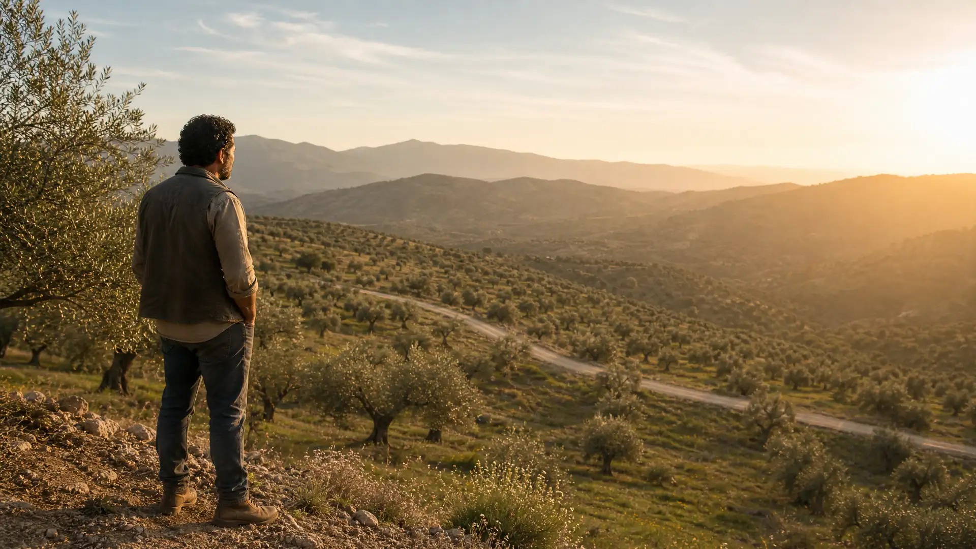 Olivar de Jaén al amanecer, con las hileras siguiendo la ladera