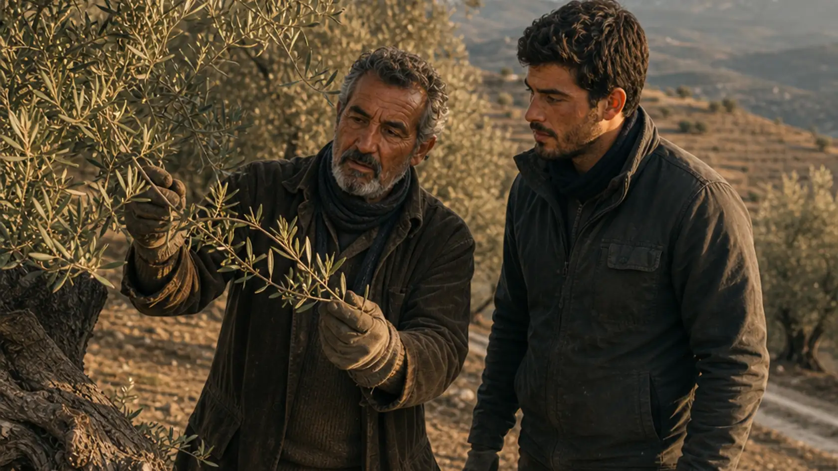 Dos olivareros conversan junto a un olivo en una ladera de Andalucía