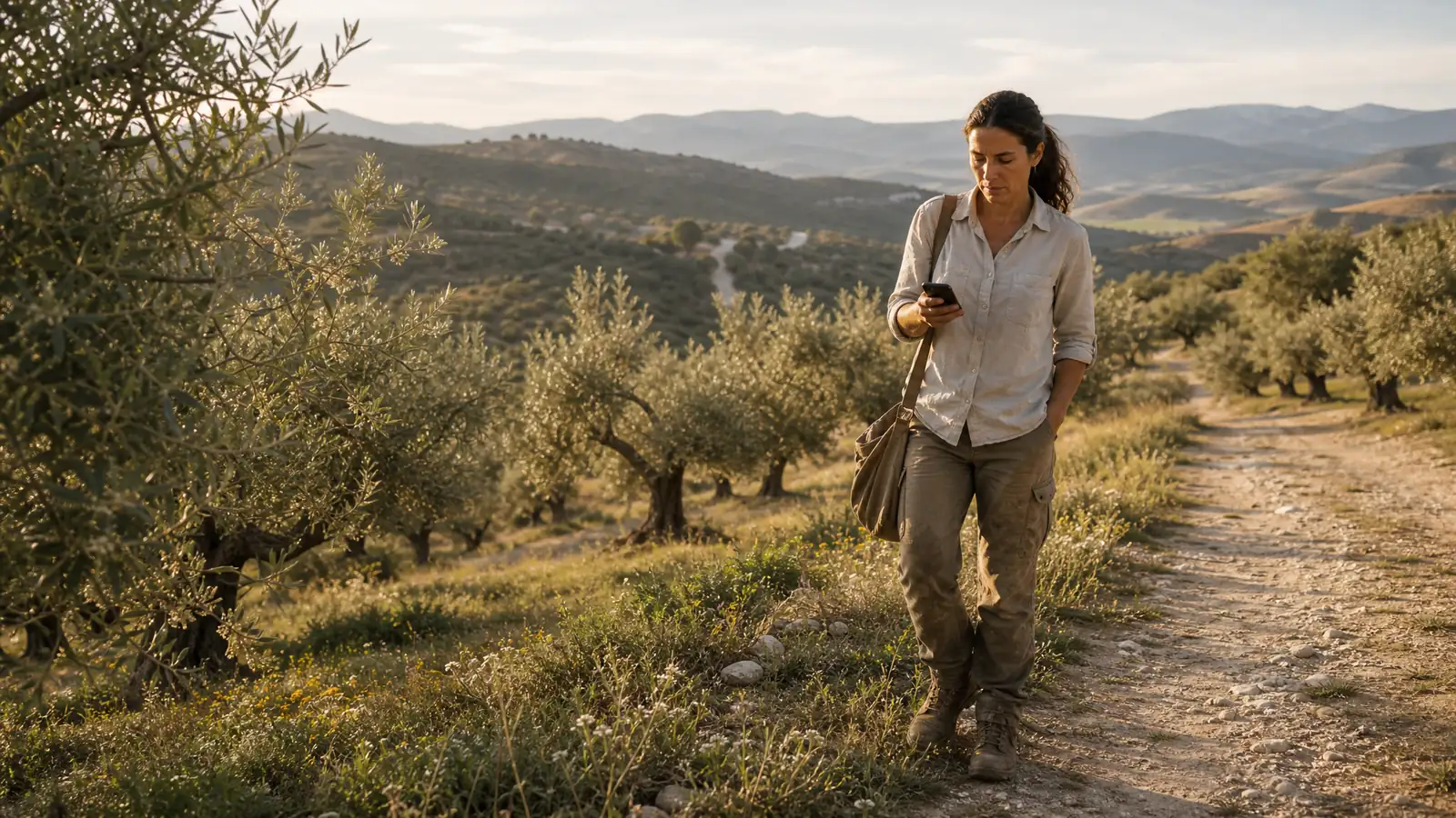 Farmer checking her phone while walking along a track between olive trees