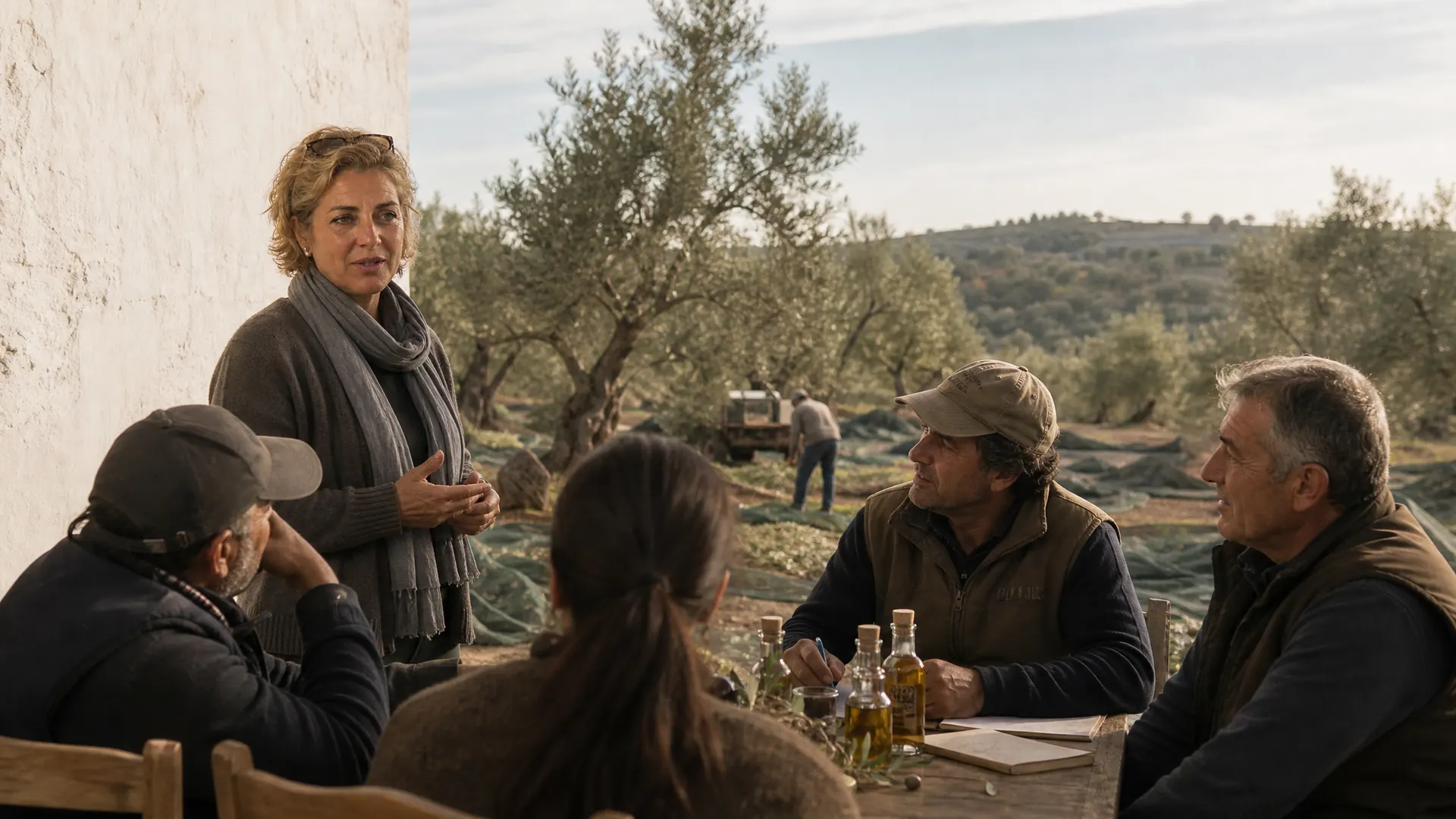 Reunión de socios de la cooperativa junto al olivar, con la responsable explicando la campaña