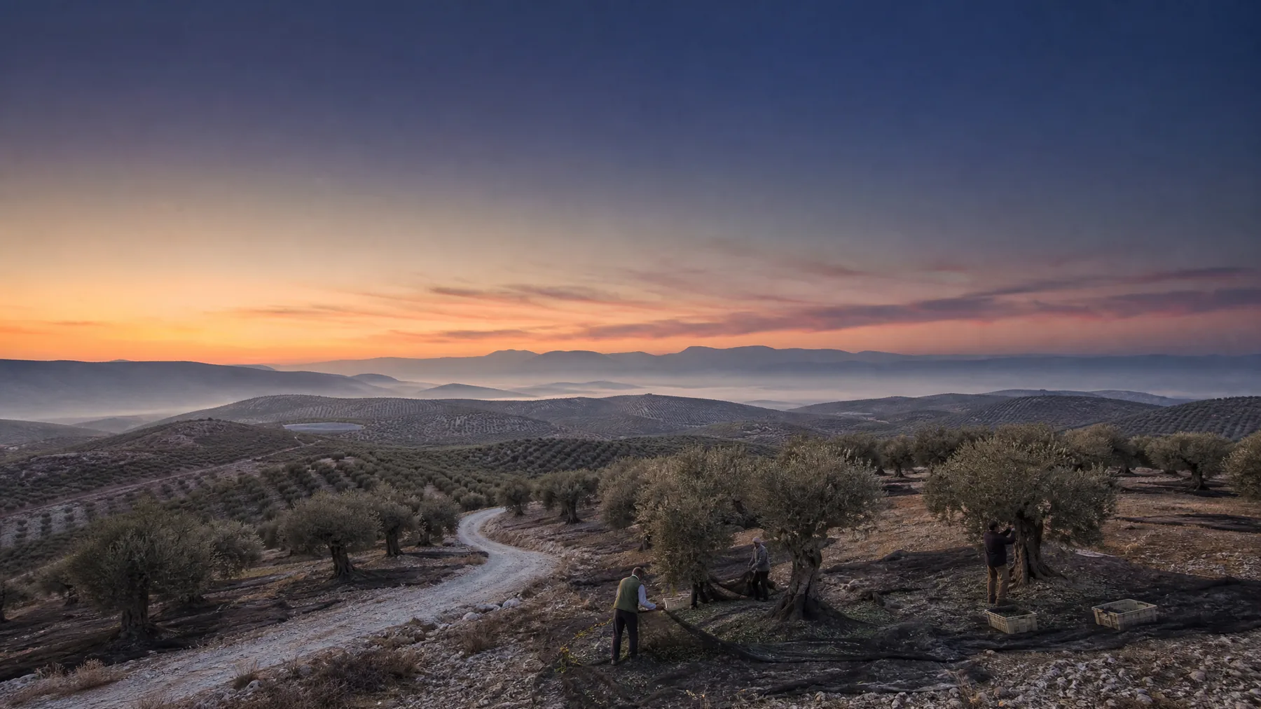 Mar de olivos de Jaén en la hora azul del amanecer, con la niebla en los valles y la sierra al fondo