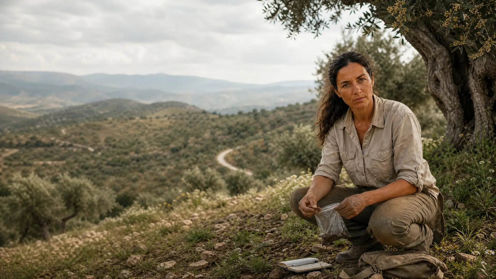 Ingeniera agrónoma tomando una muestra de suelo en el olivar, con el valle al fondo