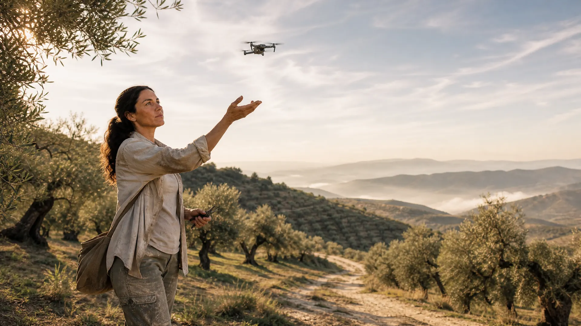 Ingeniera agrónoma lanzando un dron al amanecer sobre un olivar en ladera