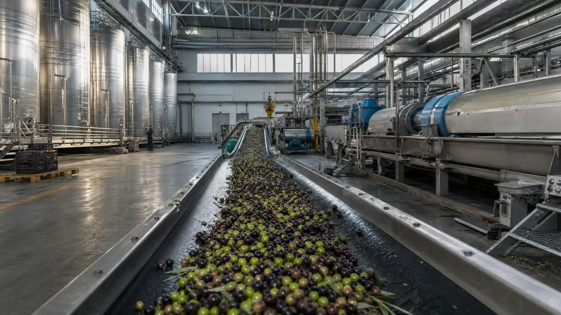 Aceituna recién lavada avanzando por la cinta de recepción de una almazara
