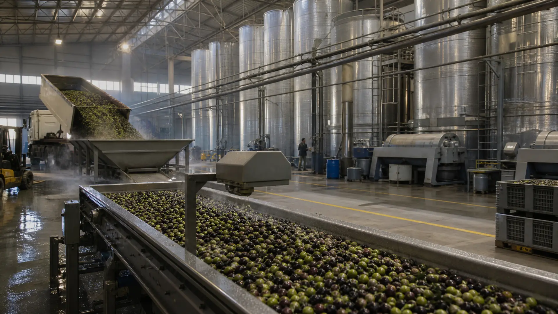 Recepción de aceituna en una almazara con un camión descargando y la cinta en primer plano
