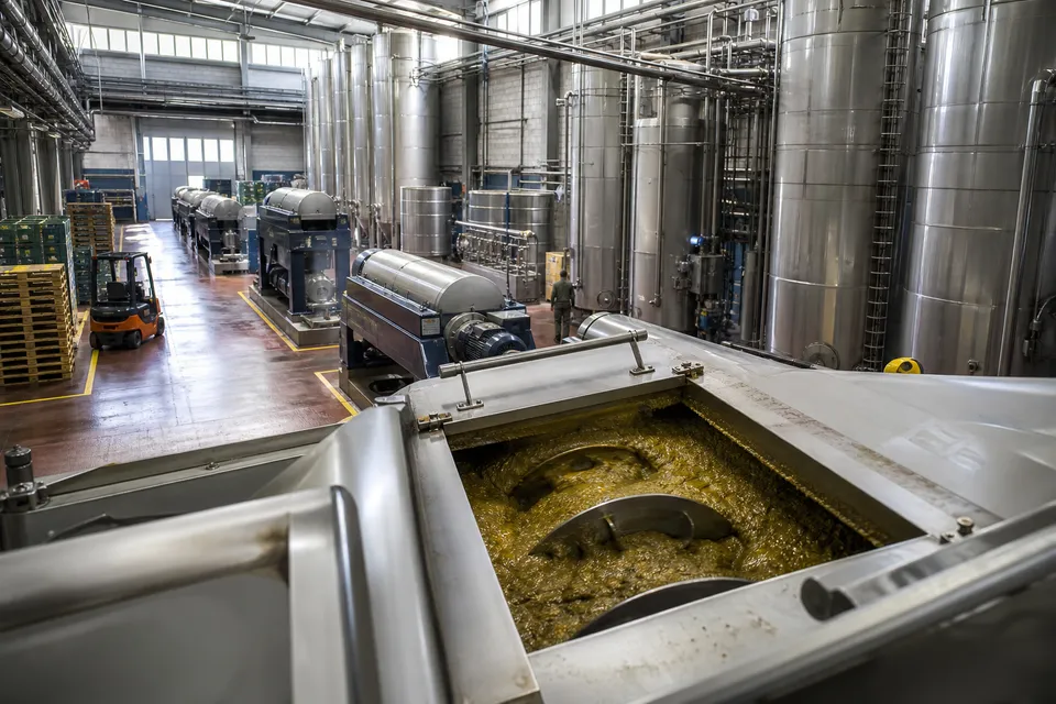 Batidora industrial abierta con la pasta de aceituna en su interior