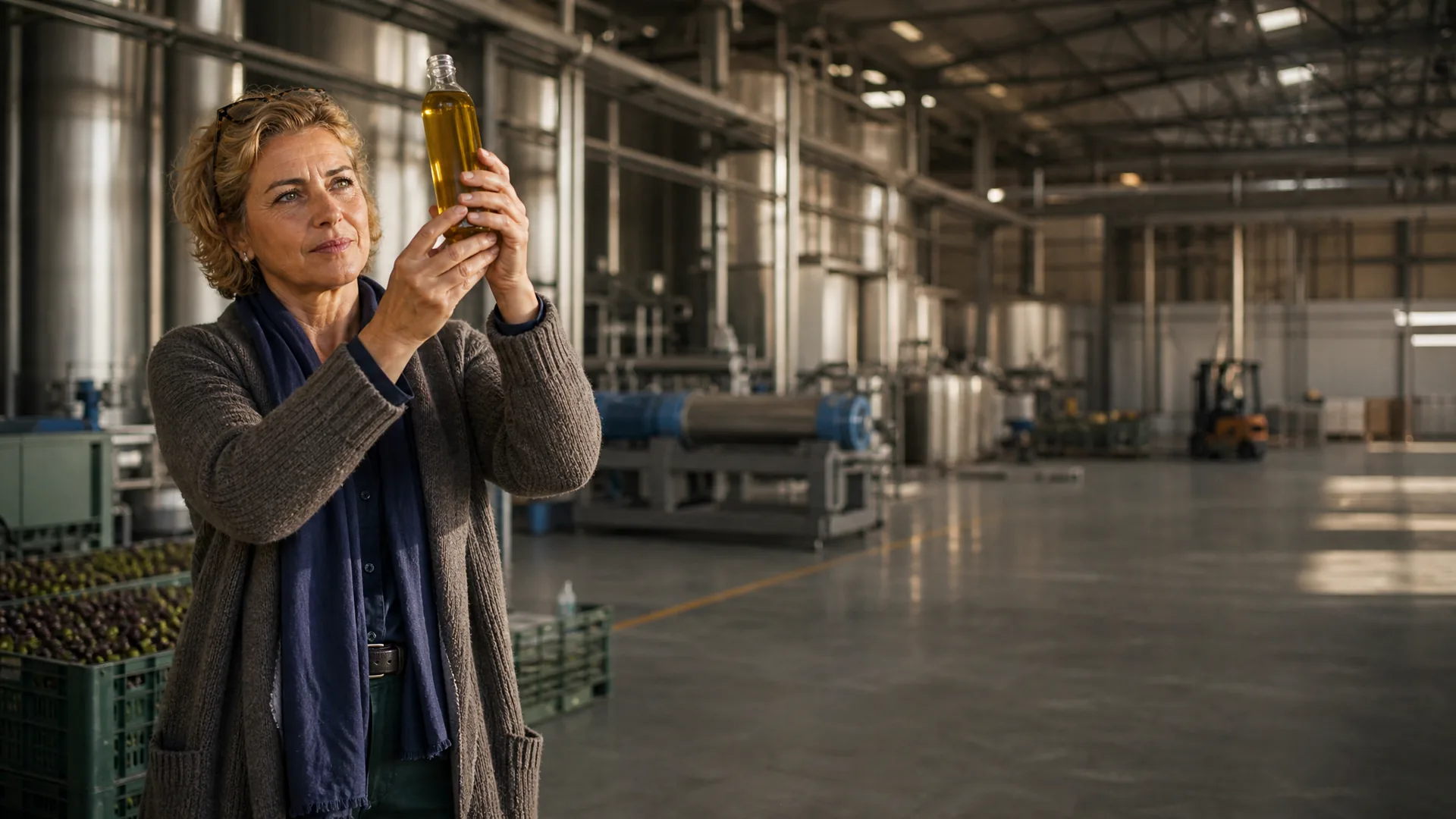 Responsable de la cooperativa examinando el aceite terminado a contraluz antes de venderlo