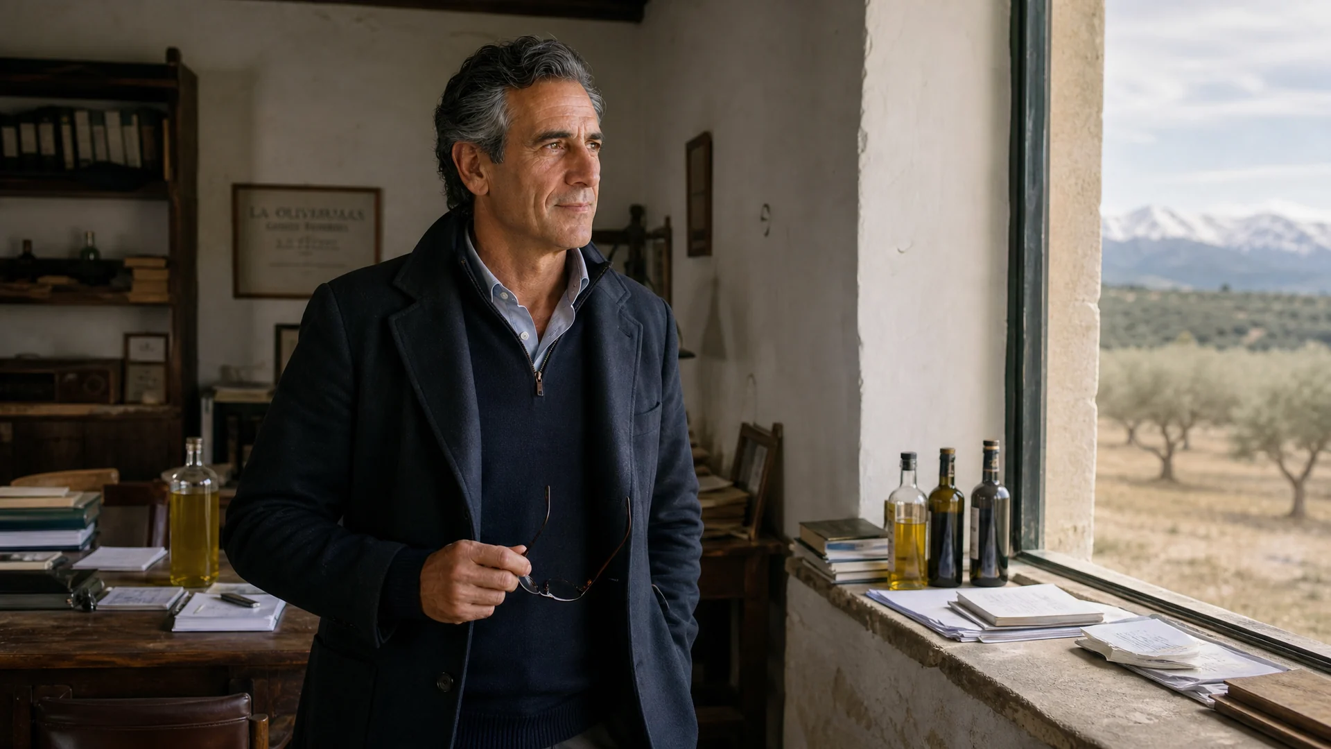 Presidente de la almazara en su despacho, con la ventana al olivar