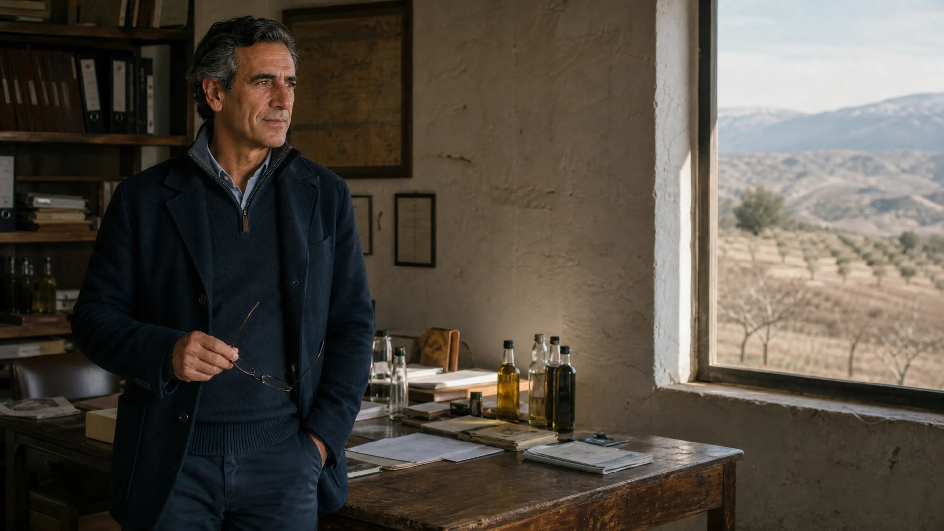 Presidente de la almazara en su despacho, con el olivar al otro lado de la ventana
