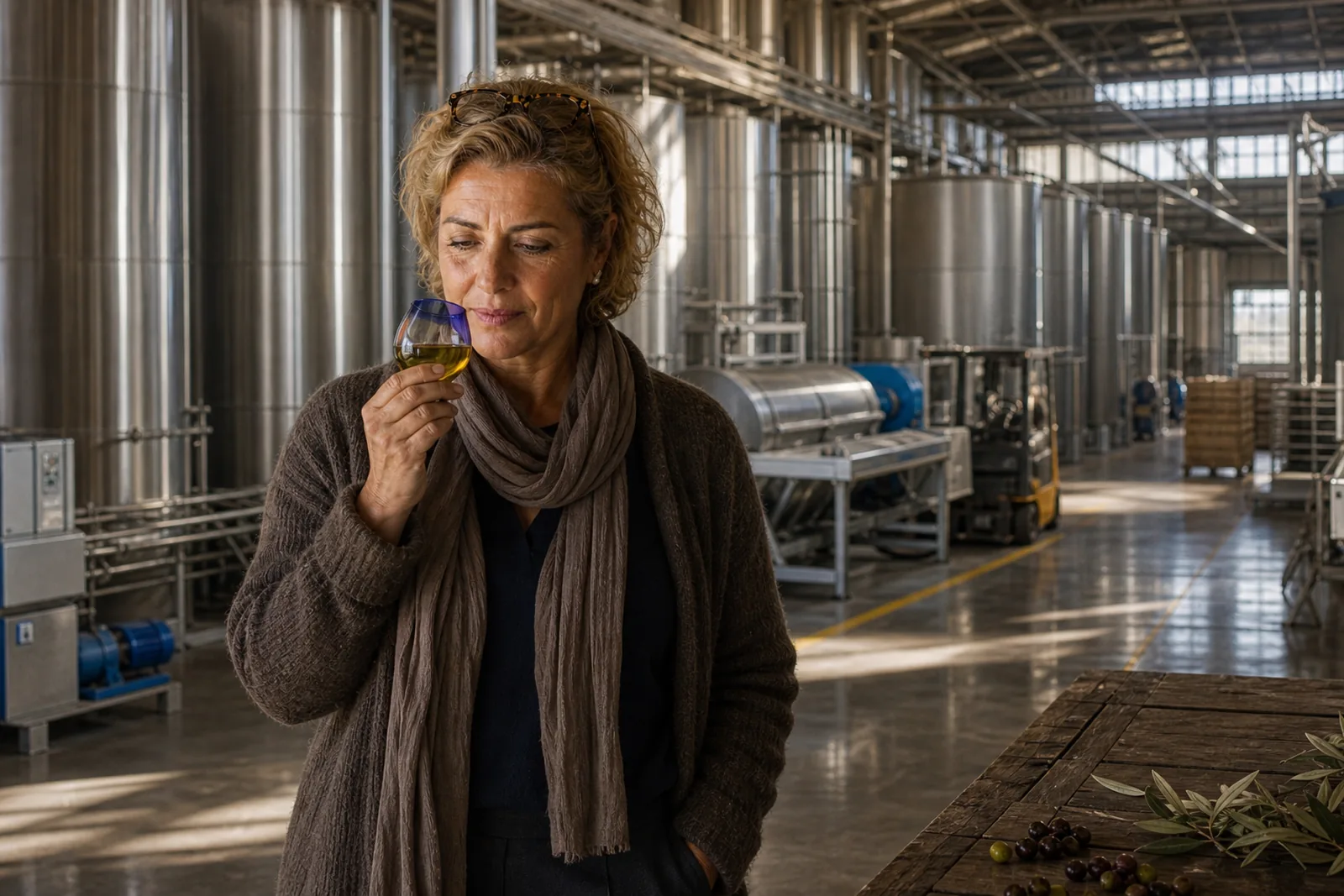 Catadora valorando el aceite nuevo en la sala de la cooperativa