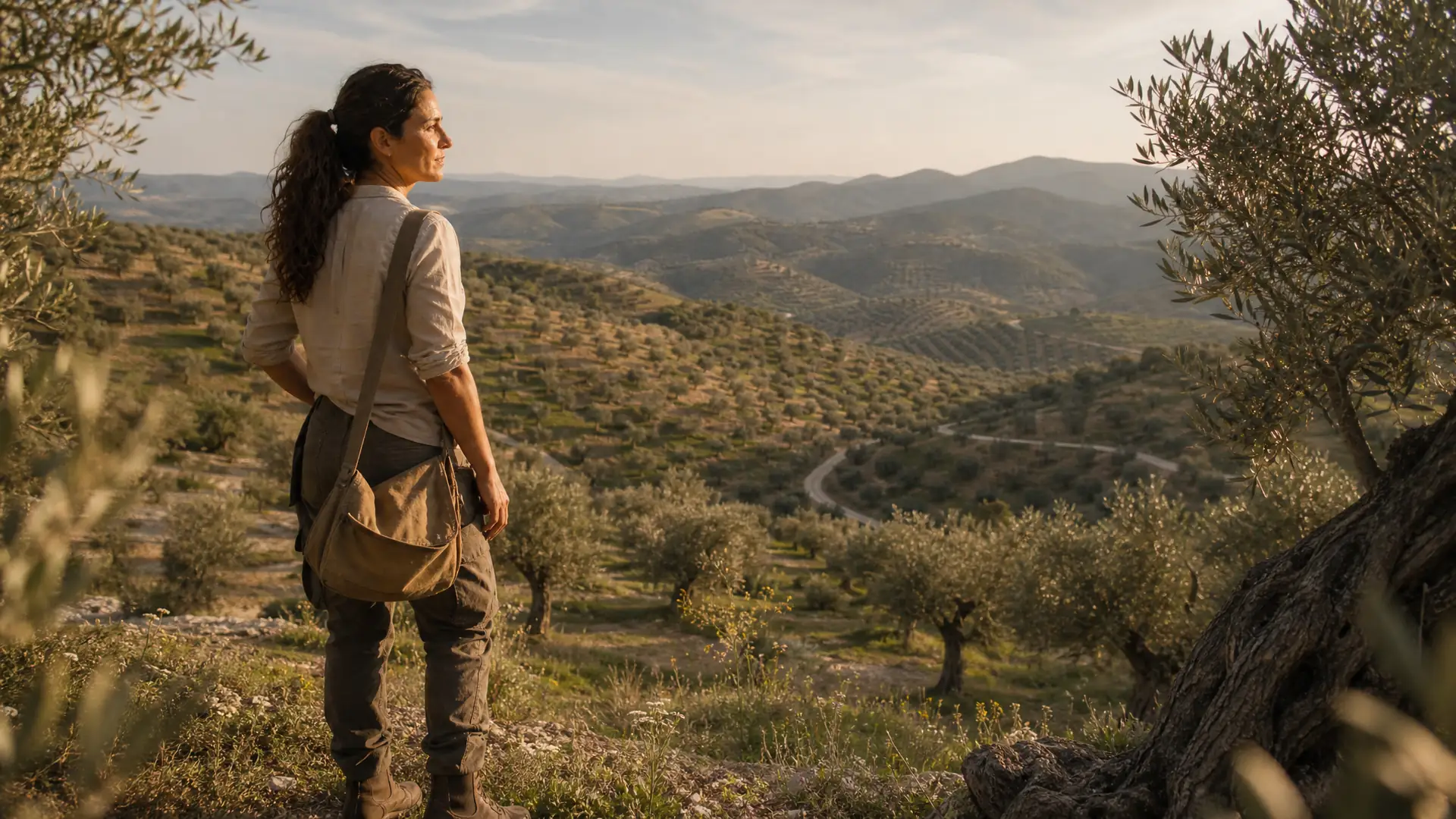 Agricoltrice che guarda la valle di oliveti dall'alto di un pendio