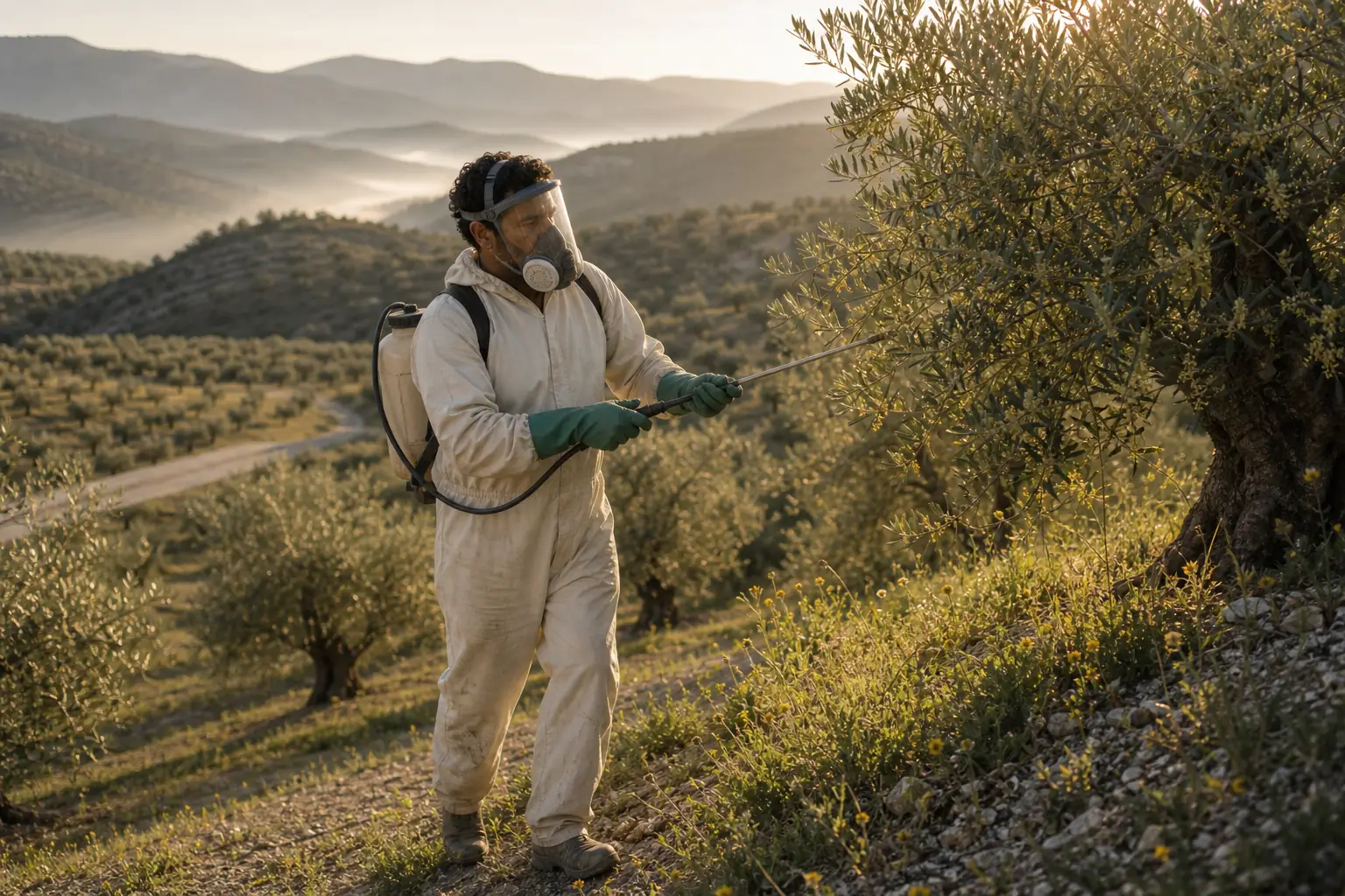 Agricultor con traje de protección aplicando un tratamiento entre olivos