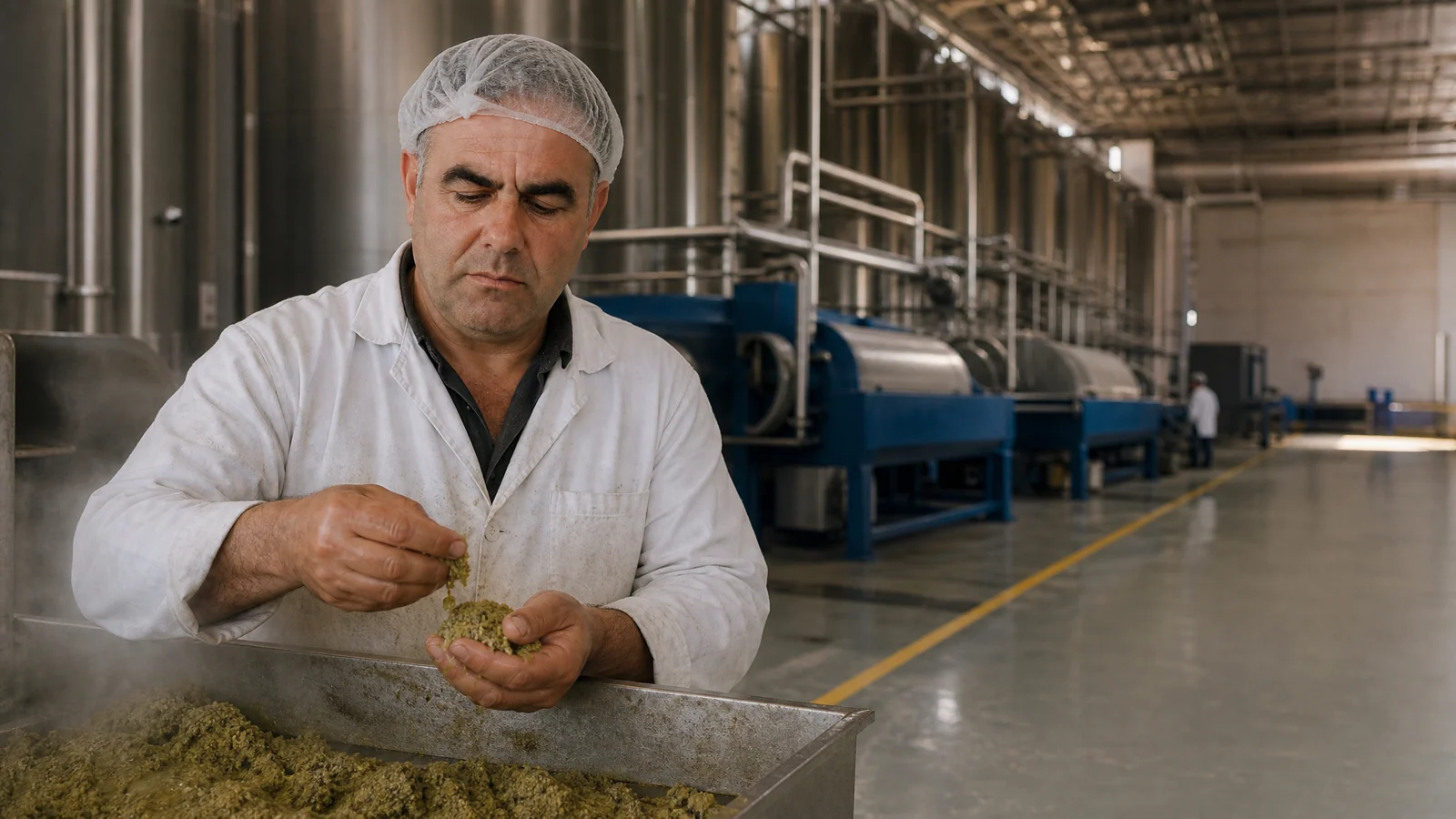Maestro de almazara comprobando la pasta de aceituna en la línea