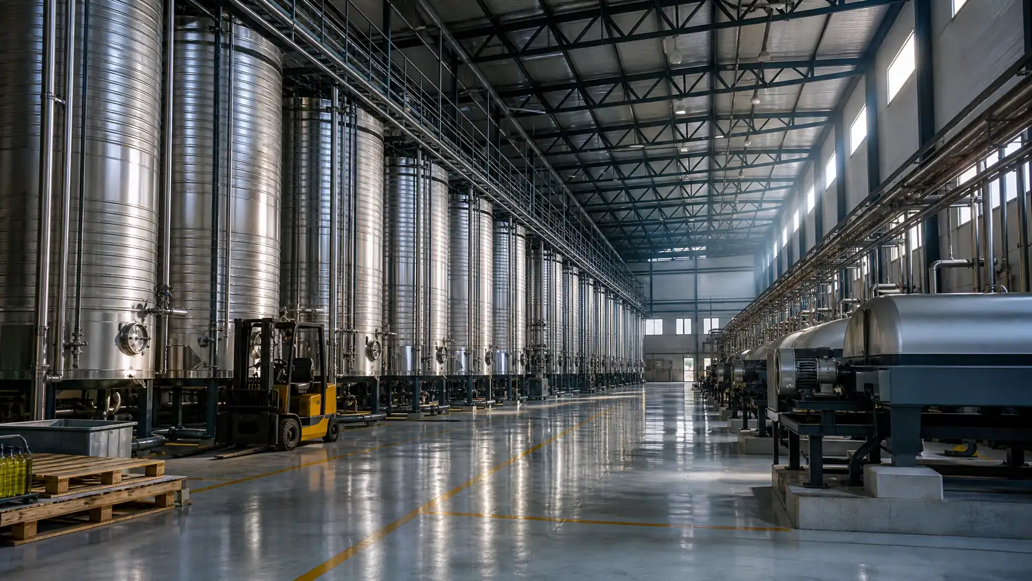 Nave de producción de la almazara vacía, con las filas de depósitos de acero bajo la luz de las claraboyas